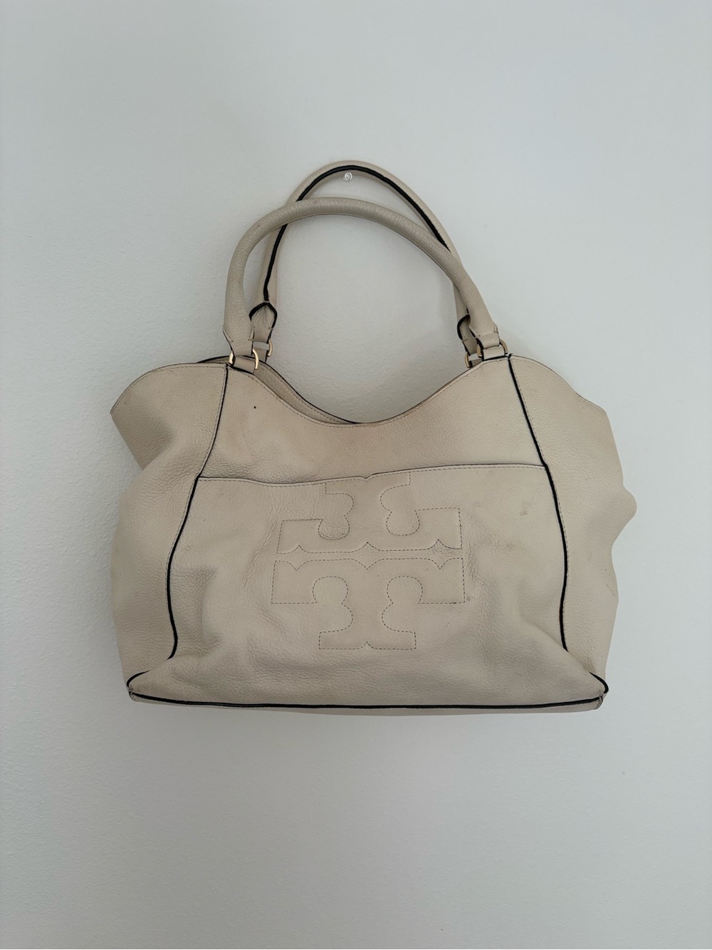 Tory Burch Cream Leather Tote Bag with Top Handles